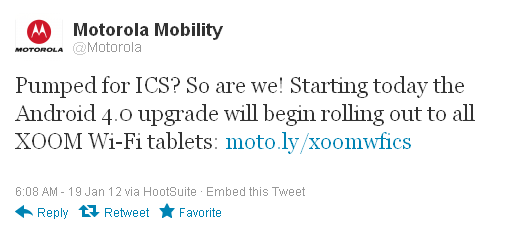 Motorola tweeting about the ICS upgrade for the Xoom